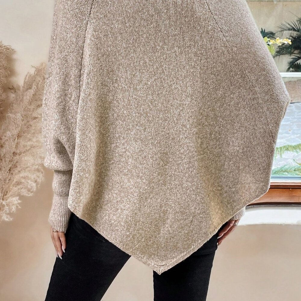 Apricot Casual Women's Turtleneck Batwing Sleeve Button Detail Cable Knit Poncho - Picture 3 of 7